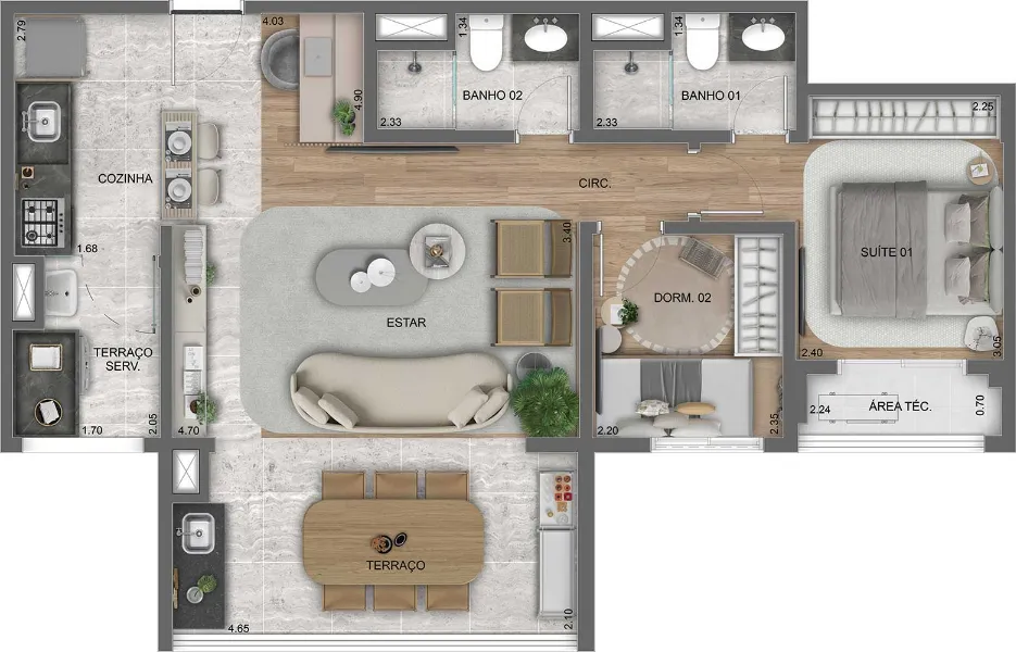 Planta 2 dormitórios 69m² meio