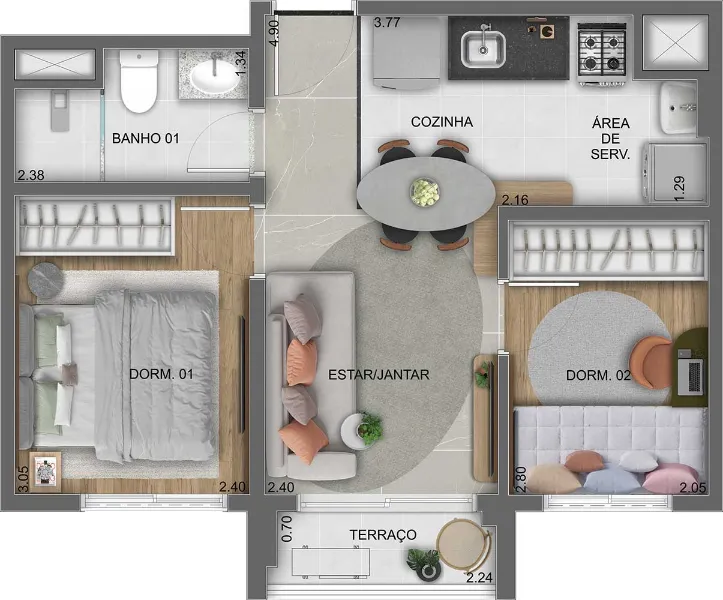 Planta 2 dormitórios 36m²